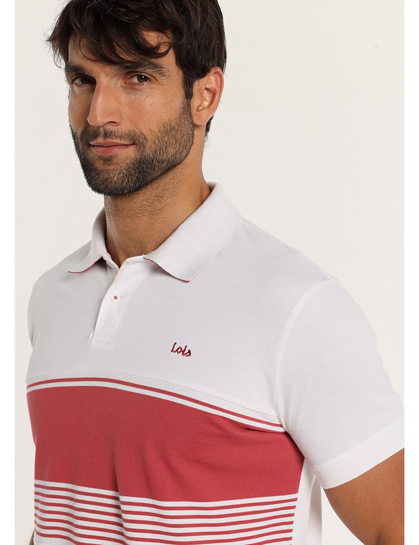 Pólo Homem com Listras Branco e Rosa