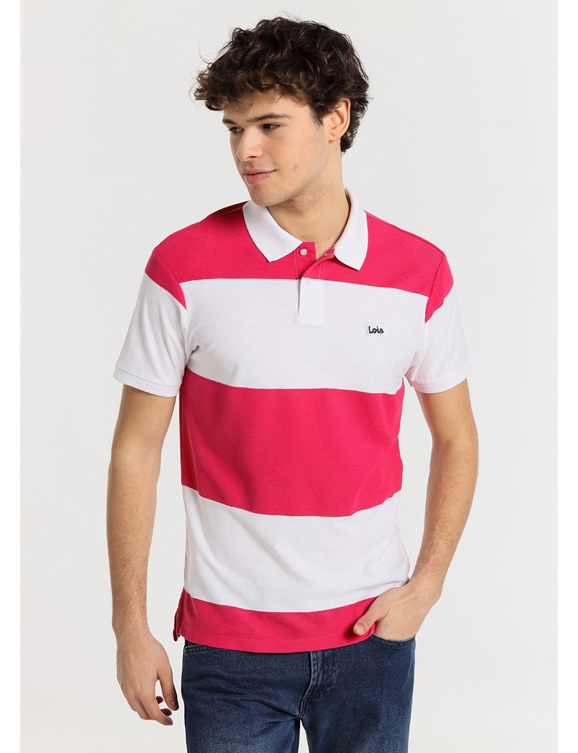 Pólo Homem Listrado Branco e Rosa