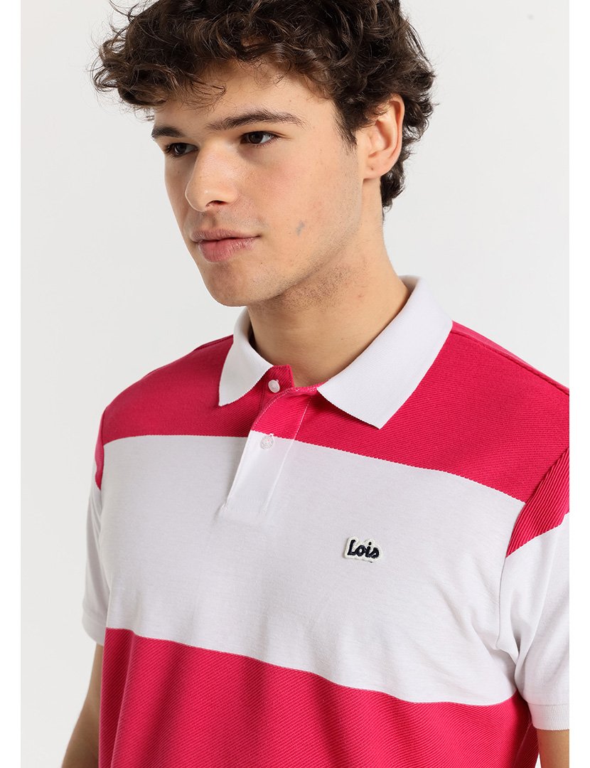 Pólo Homem Listrado Branco e Rosa