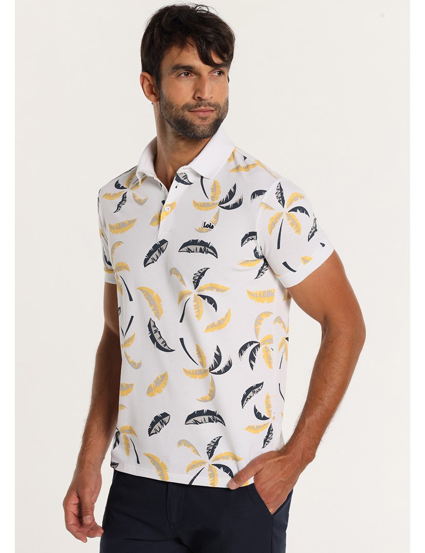 Pólo Homem com Detalhes Tropicais Branco