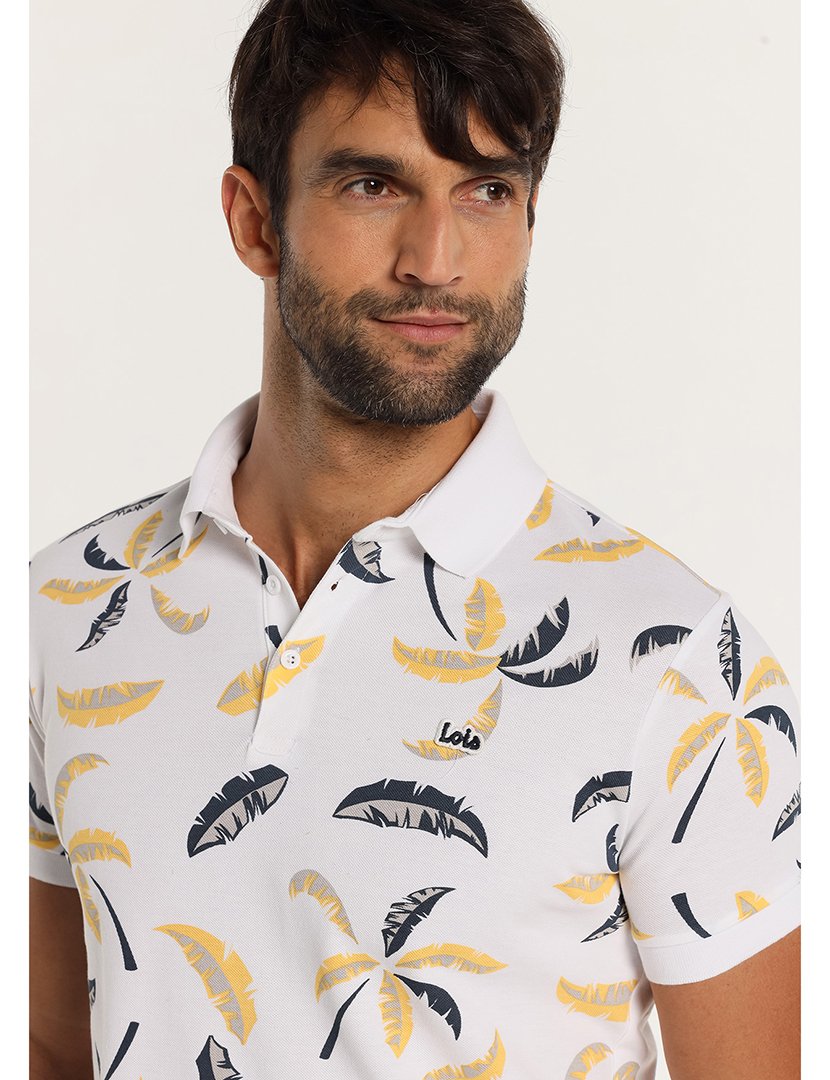 Pólo Homem com Detalhes Tropicais Branco