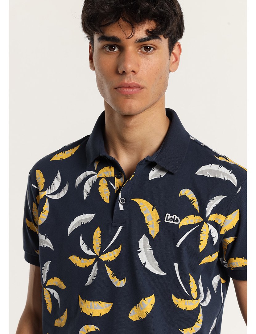 Pólo Homem com Detalhes Tropicais Azul