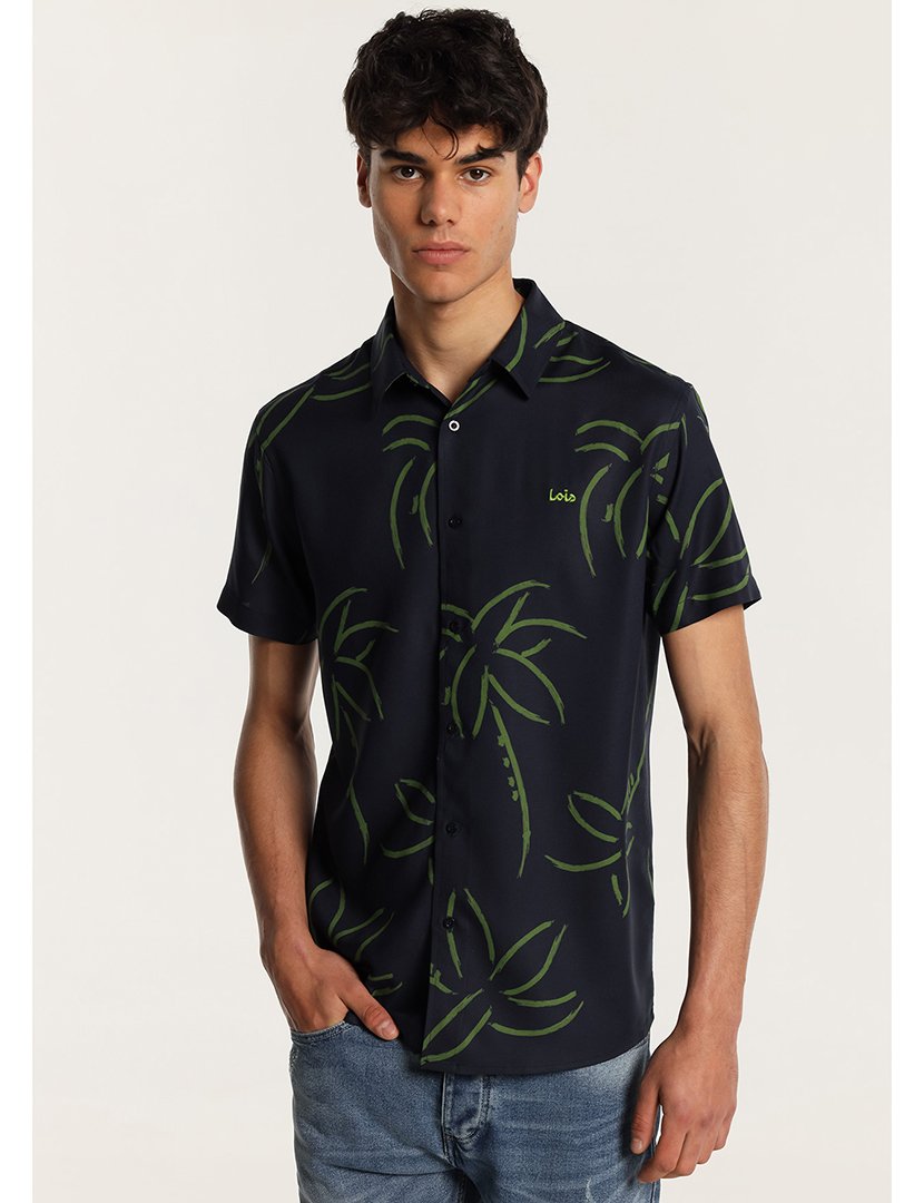Camisa de Manga Curta Homem com Estampado Tropical Azul e Verde