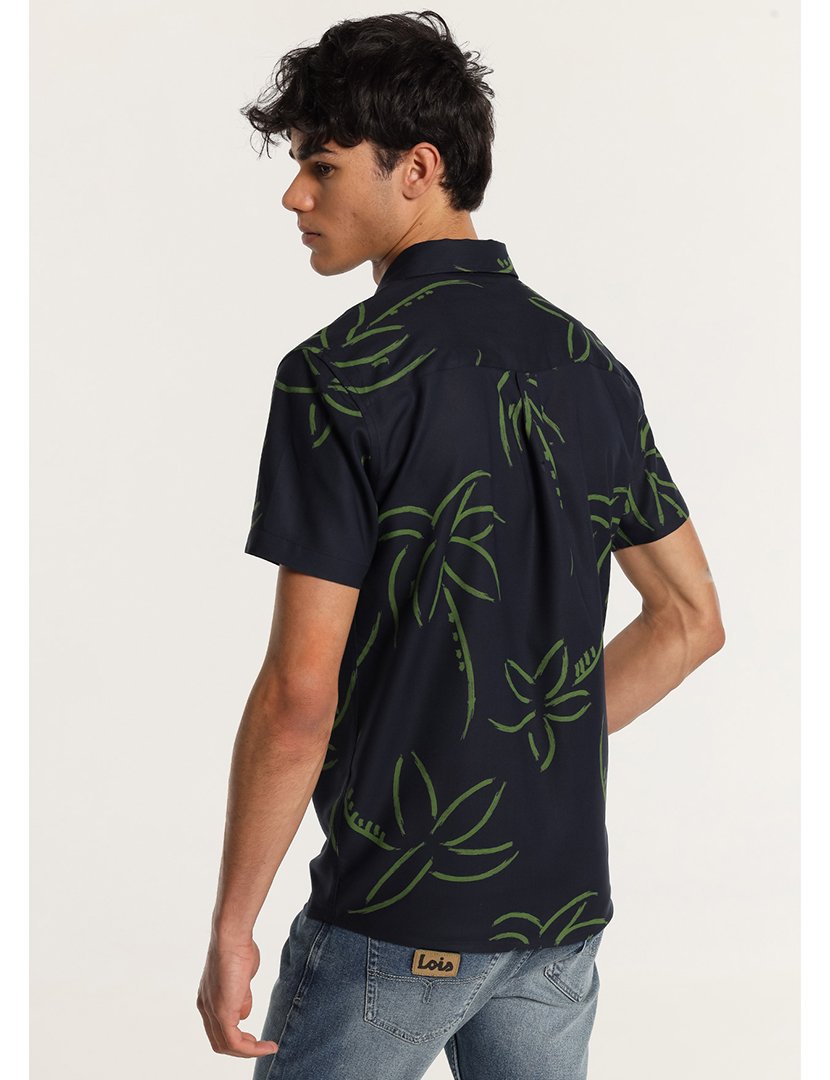Camisa de Manga Curta Homem com Estampado Tropical Azul e Verde