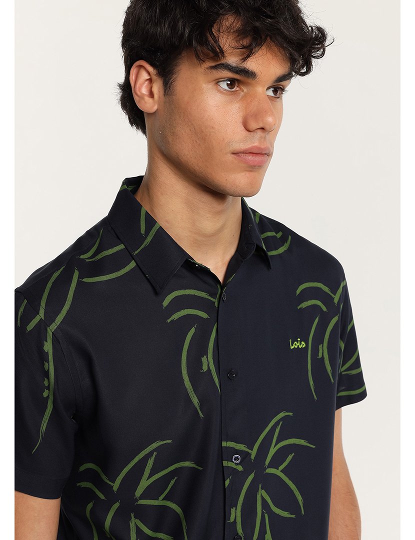 Camisa de Manga Curta Homem com Estampado Tropical Azul e Verde