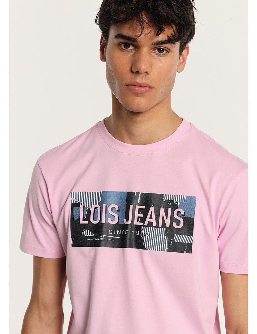 T-Shirt Homem com Estampado Rosa e Preto