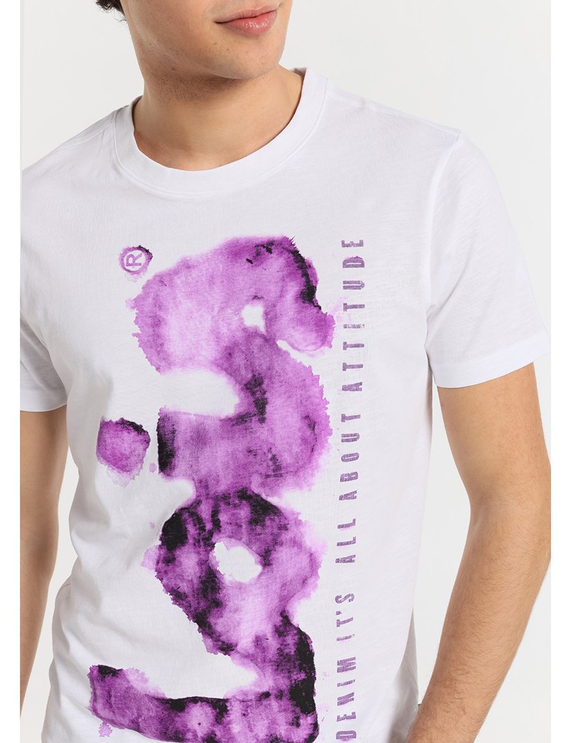 T-Shirt Homem com Estampado Graffito Branco e Roxo