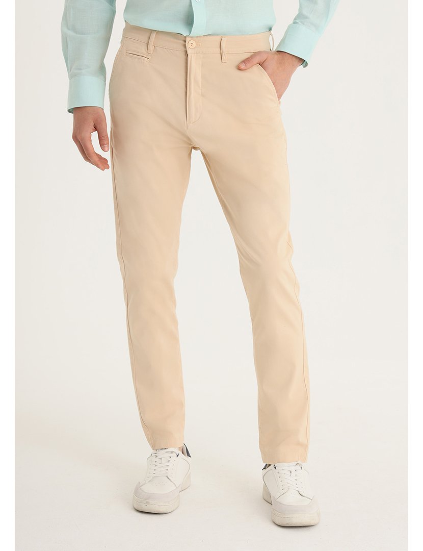 Calças Chino Homem Cetim Slim Stretch Cintura Média Bege