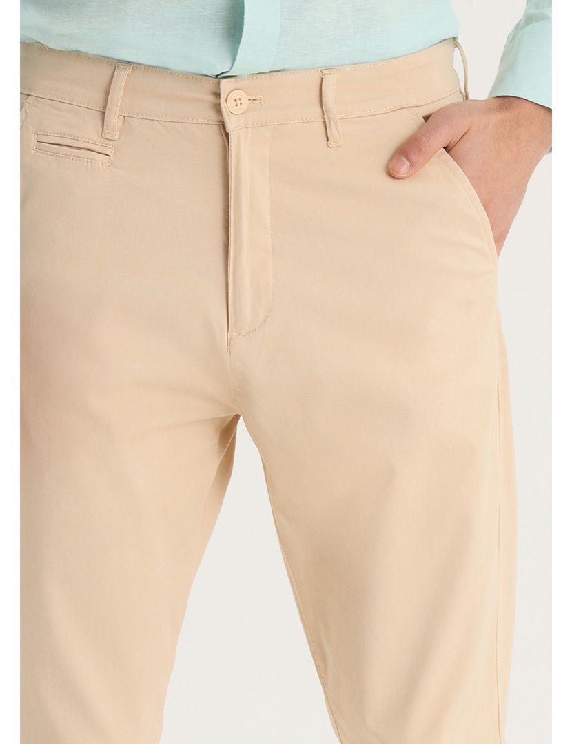 Calças Chino Homem Cetim Slim Stretch Cintura Média Bege
