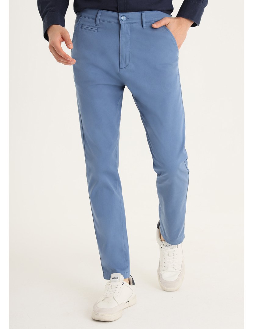 Calças Chino Homem Cetim Slim Stretch Cintura Média Azul