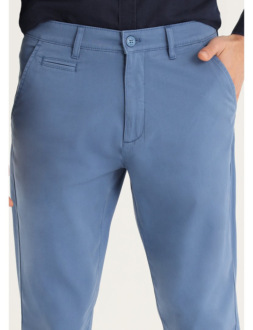 Calças Chino Homem Cetim Slim Stretch Cintura Média Azul