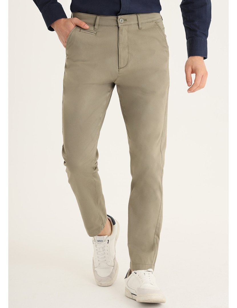 Calças Chino Homem Cetim Slim Stretch Cintura Média Verde