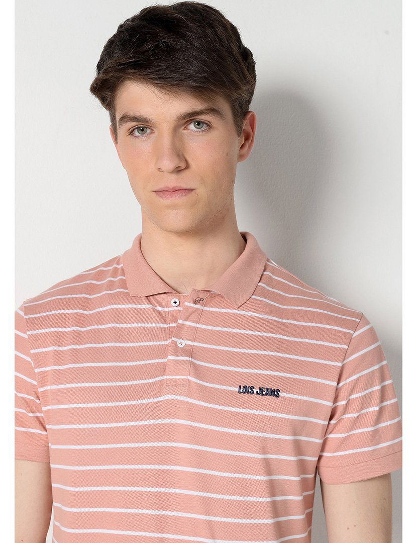 Pólo Homem com Listras Rosa e Branco
