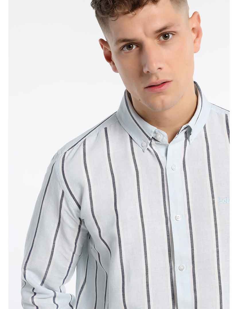 Camisa Homem Linho Listrada Azul e Cinzento 