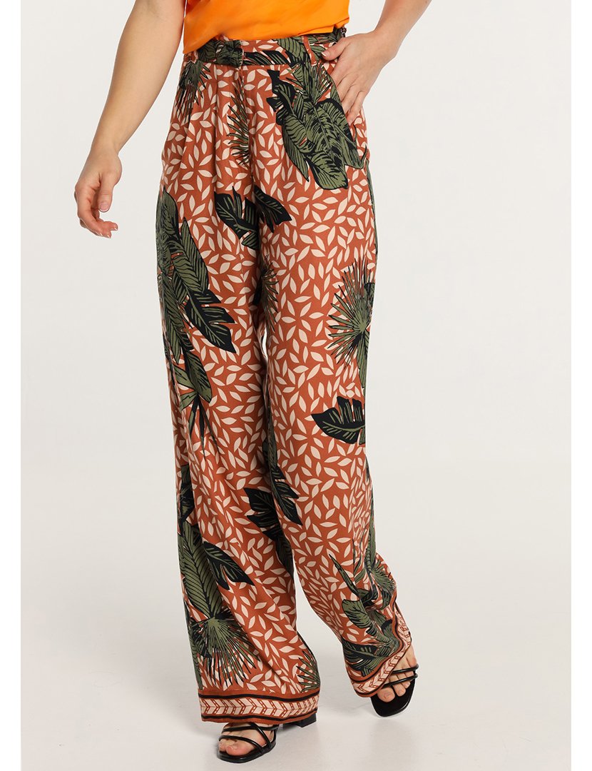 Calças Chino Senhora Palazzo com Pregas e Estampado Multicolorido