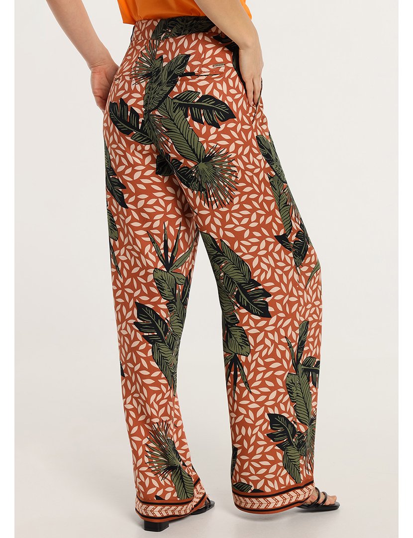 Calças Chino Senhora Palazzo com Pregas e Estampado Multicolorido