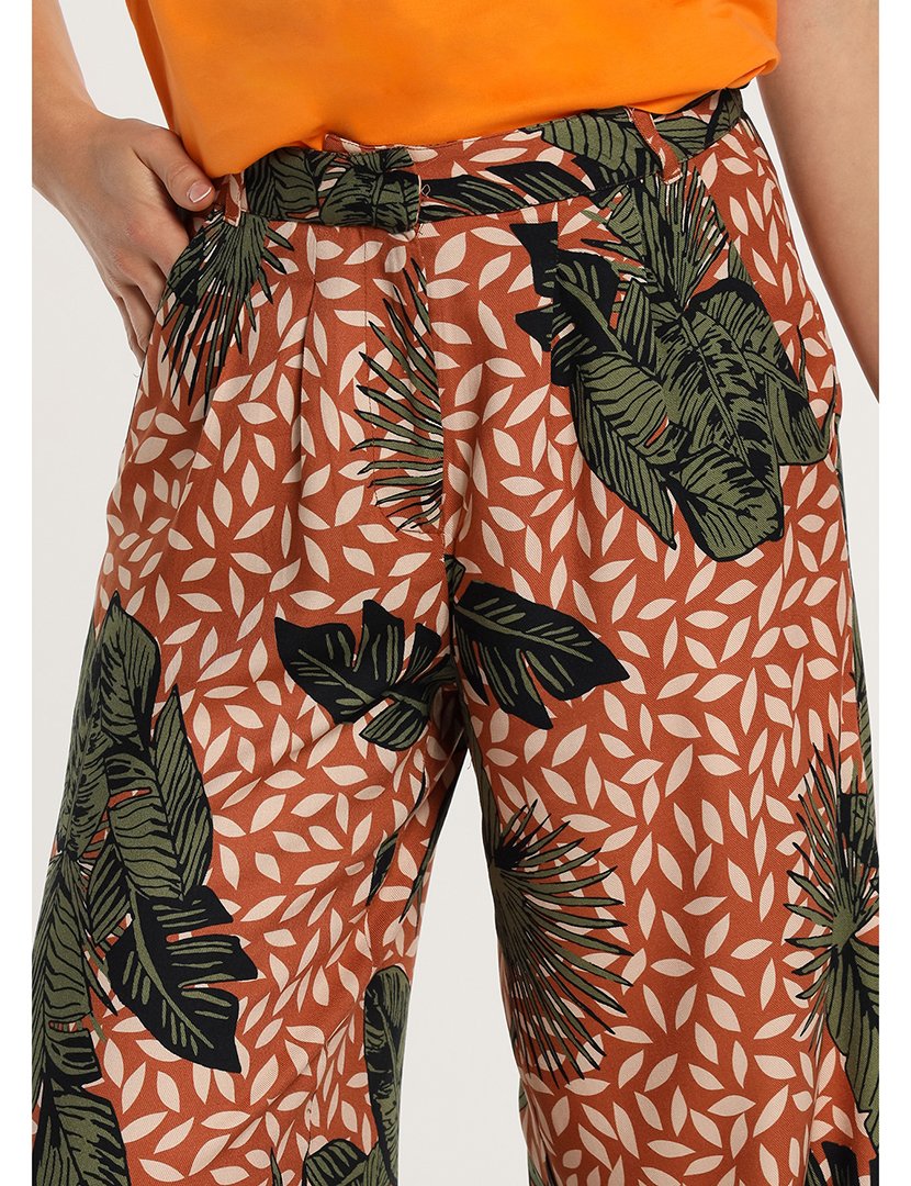 Calças Chino Senhora Palazzo com Pregas e Estampado Multicolorido