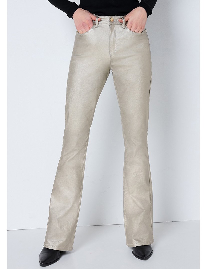 Calças Efeito Metálico Senhora Cintura Média Dourado