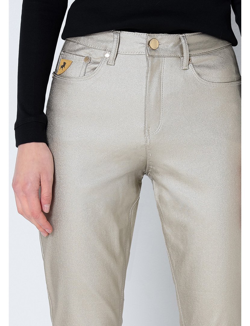 Calças Efeito Metálico Senhora Cintura Média Dourado