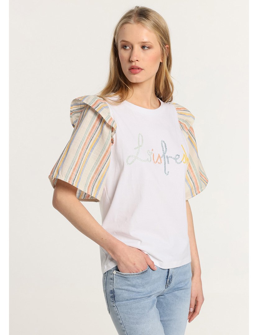 Blusa Meia Manga Senhora com Listras Rústicas Branco