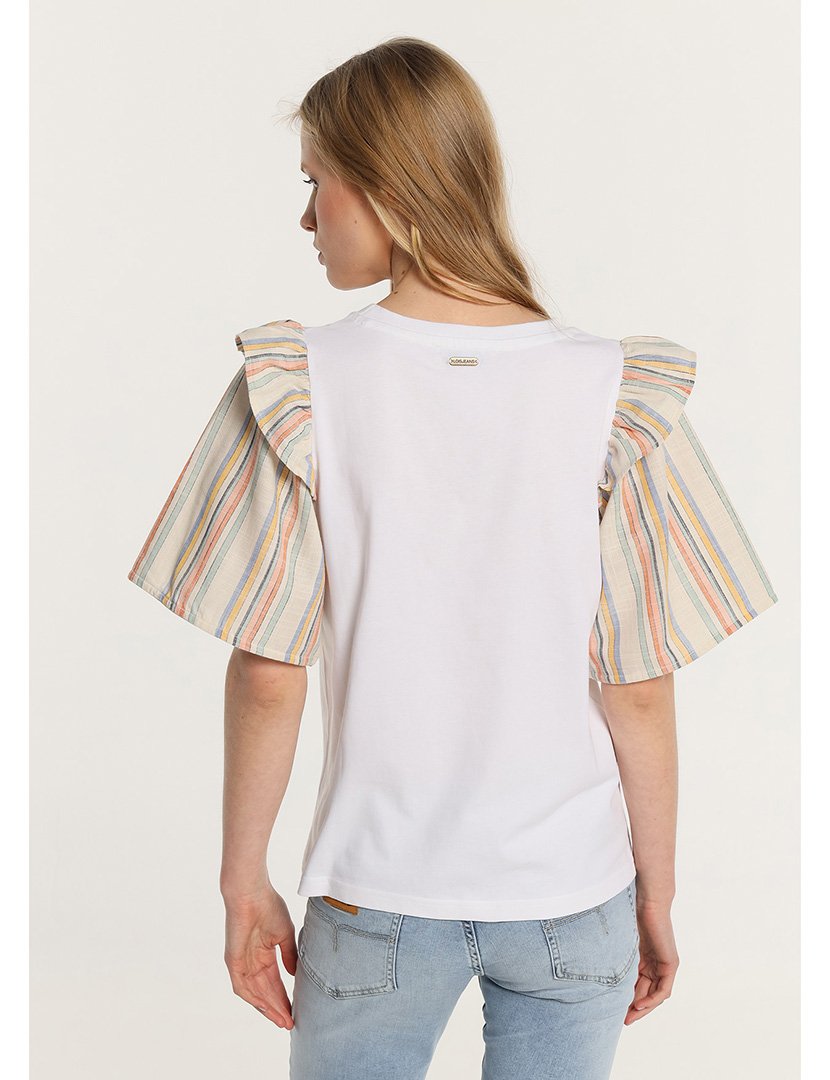 Blusa Meia Manga Senhora com Listras Rústicas Branco