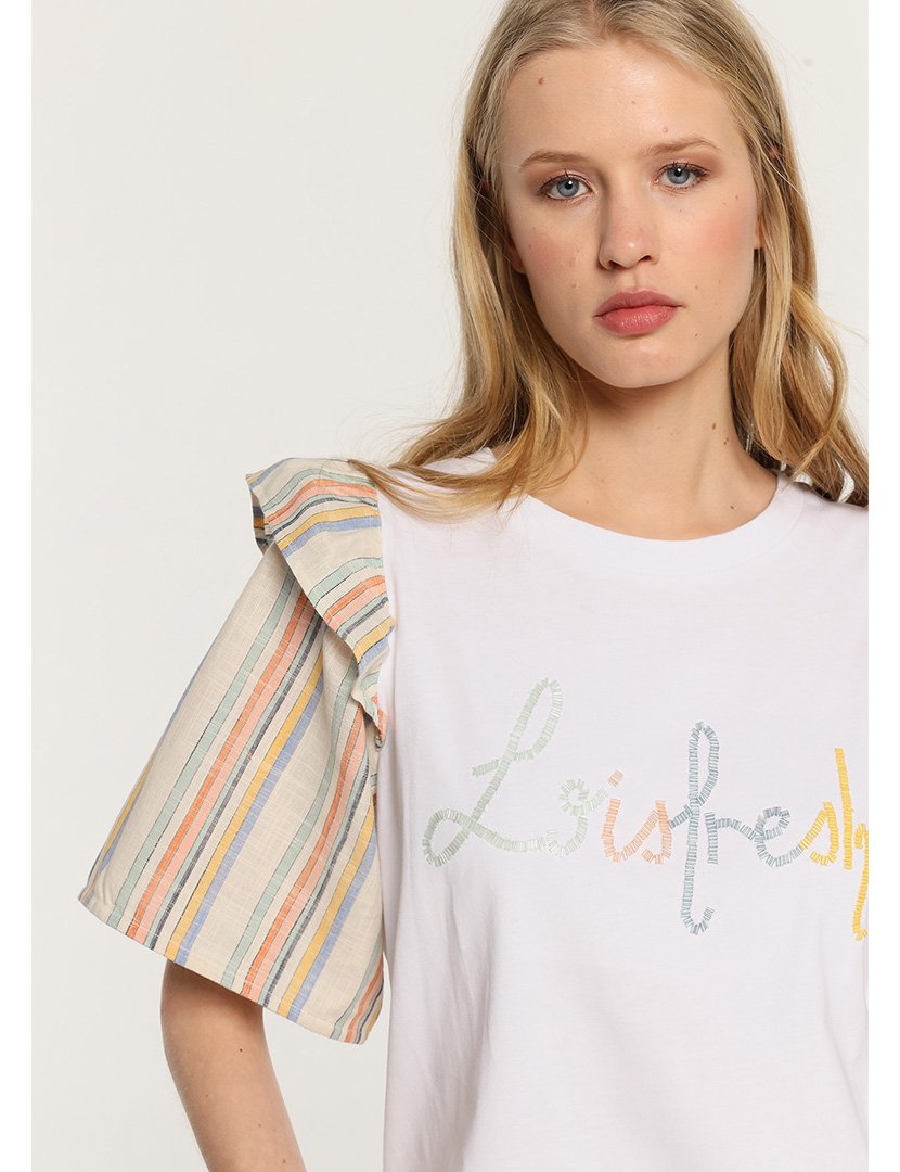 Blusa Meia Manga Senhora com Listras Rústicas Branco