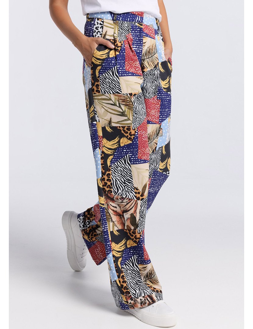 Calças Senhora Cintura Alta com Estampado Multicolorido