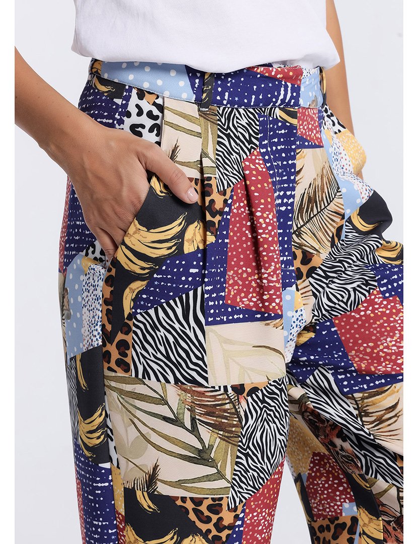 Calças Senhora Cintura Alta com Estampado Multicolorido