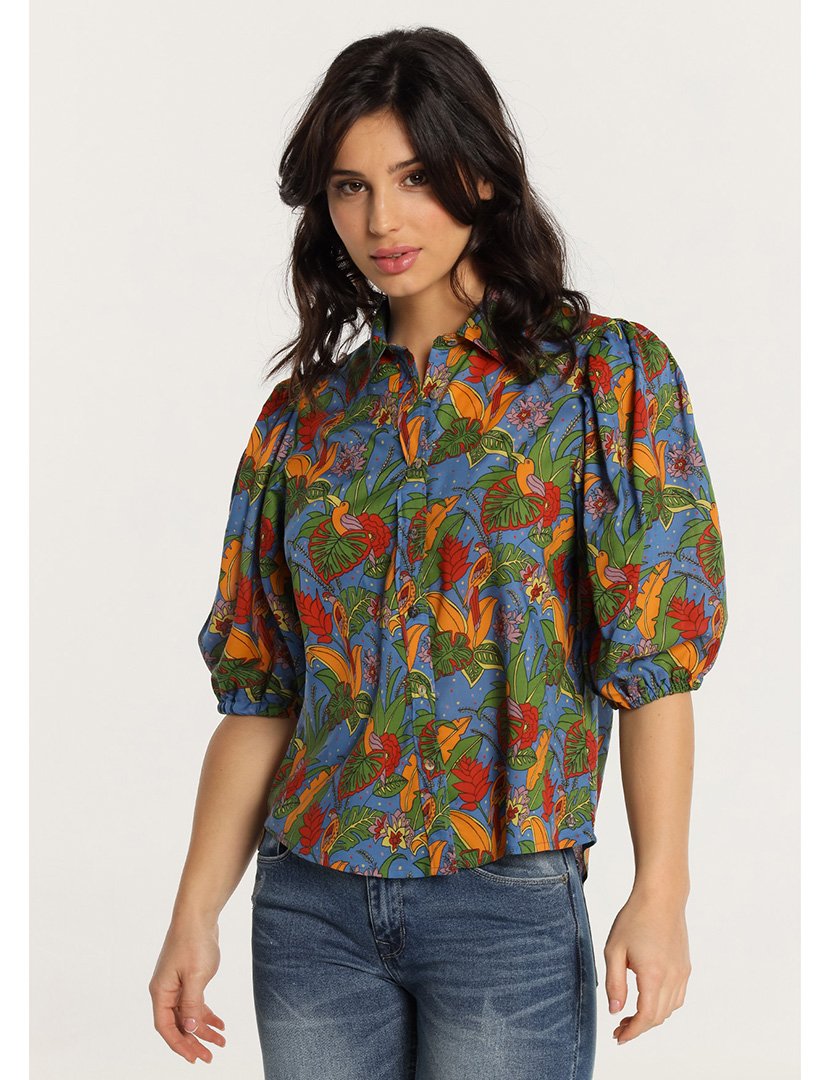 Blusa Manga 3/4 Senhora com Estampado Tropical Multicolorido