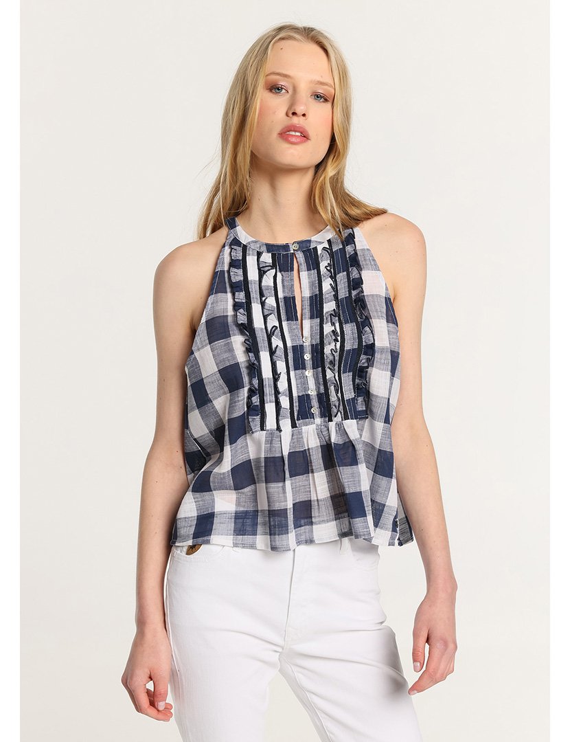 Blusa de Alças com Estampado Axadrezado Azul