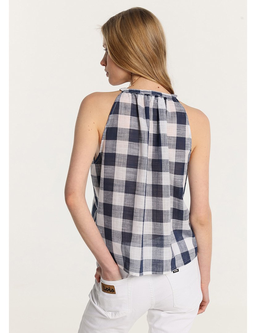 Blusa de Alças com Estampado Axadrezado Azul