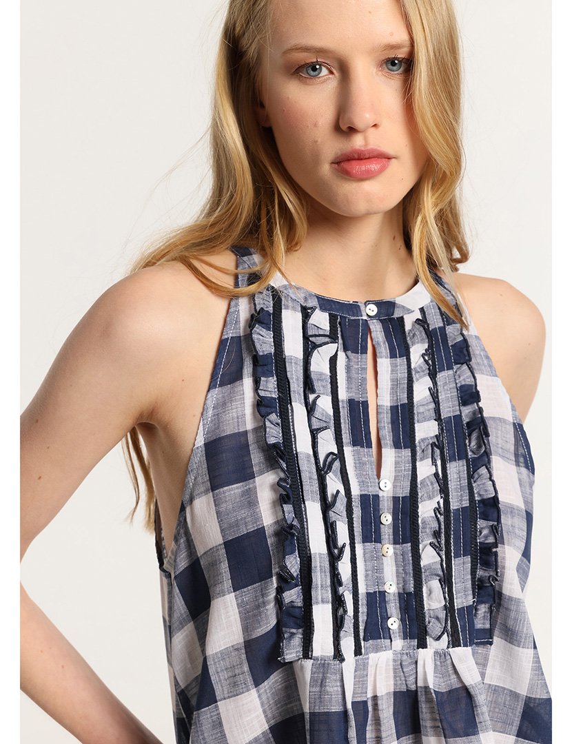 Blusa de Alças com Estampado Axadrezado Azul