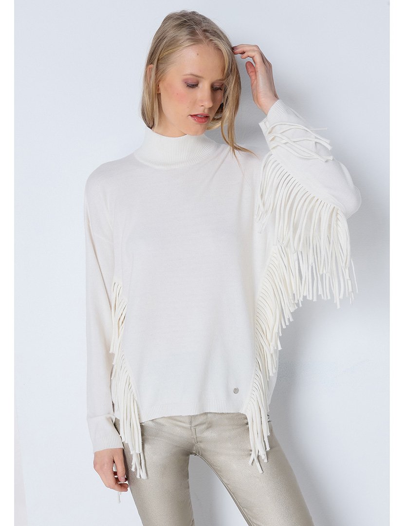 Camisola com Gola Senhora Perkins com Franjas Bege