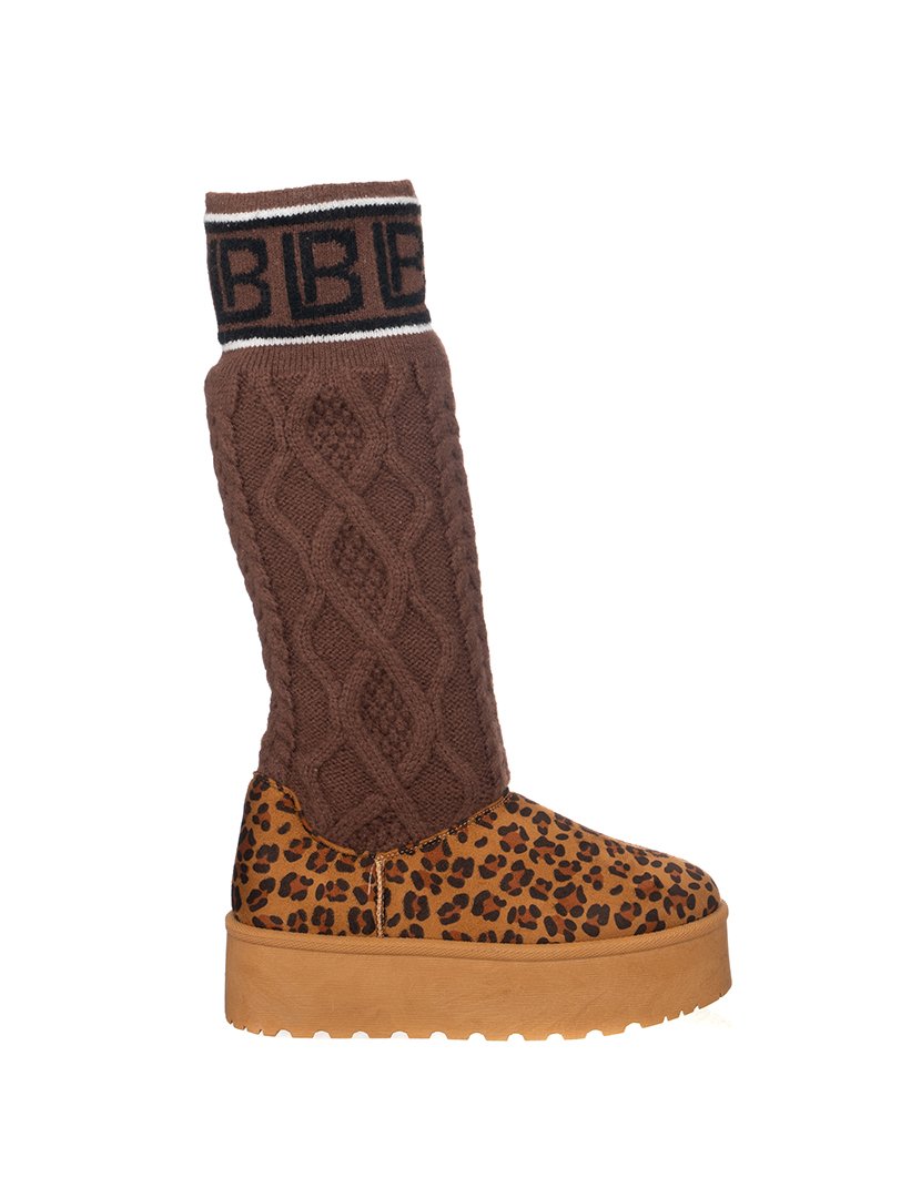 Botas Cano Alto Senhora Castanho com Padrão Leopardo