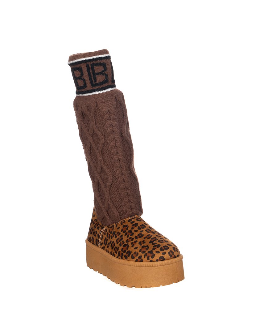 Botas Cano Alto Senhora Castanho com Padrão Leopardo