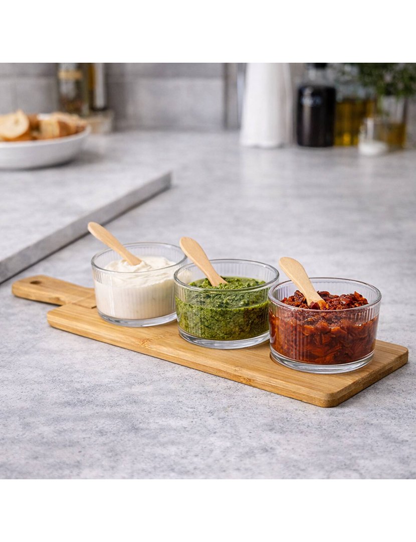 Conjunto de 3 tigelas de vidro com colher e bandeja coleção Kinvara