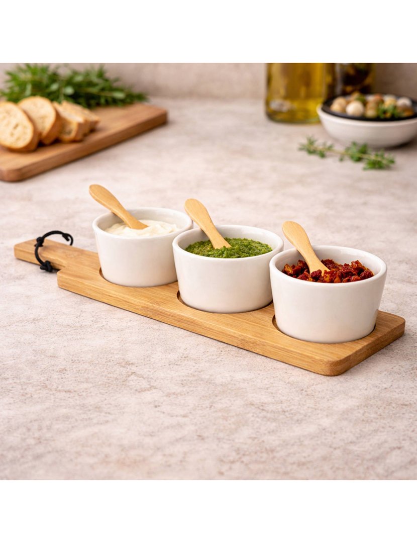 Conjunto de 3 tigelas + colheres + faixa de cerâmica branca coleção Kinvara