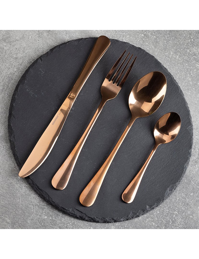 Conjunto de talheres de aço inoxidável com 16 peças (4 colheres + 4 garfos + 4 facas + 4 colheres de chá) na cor cobre.