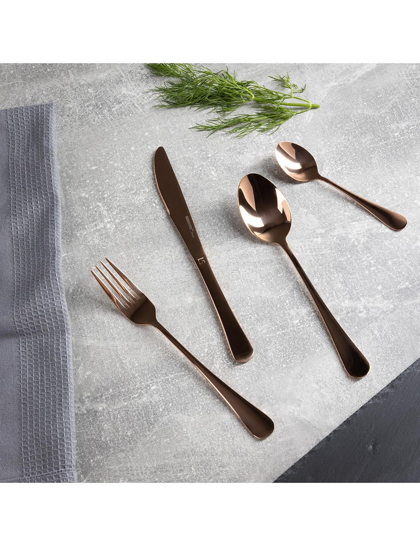 Conjunto de talheres de aço inoxidável com 16 peças (4 colheres + 4 garfos + 4 facas + 4 colheres de chá) na cor cobre.