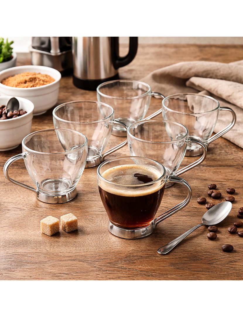 Conjunto de 6 chávenas de chá de vidro com alças de metal. 170ml