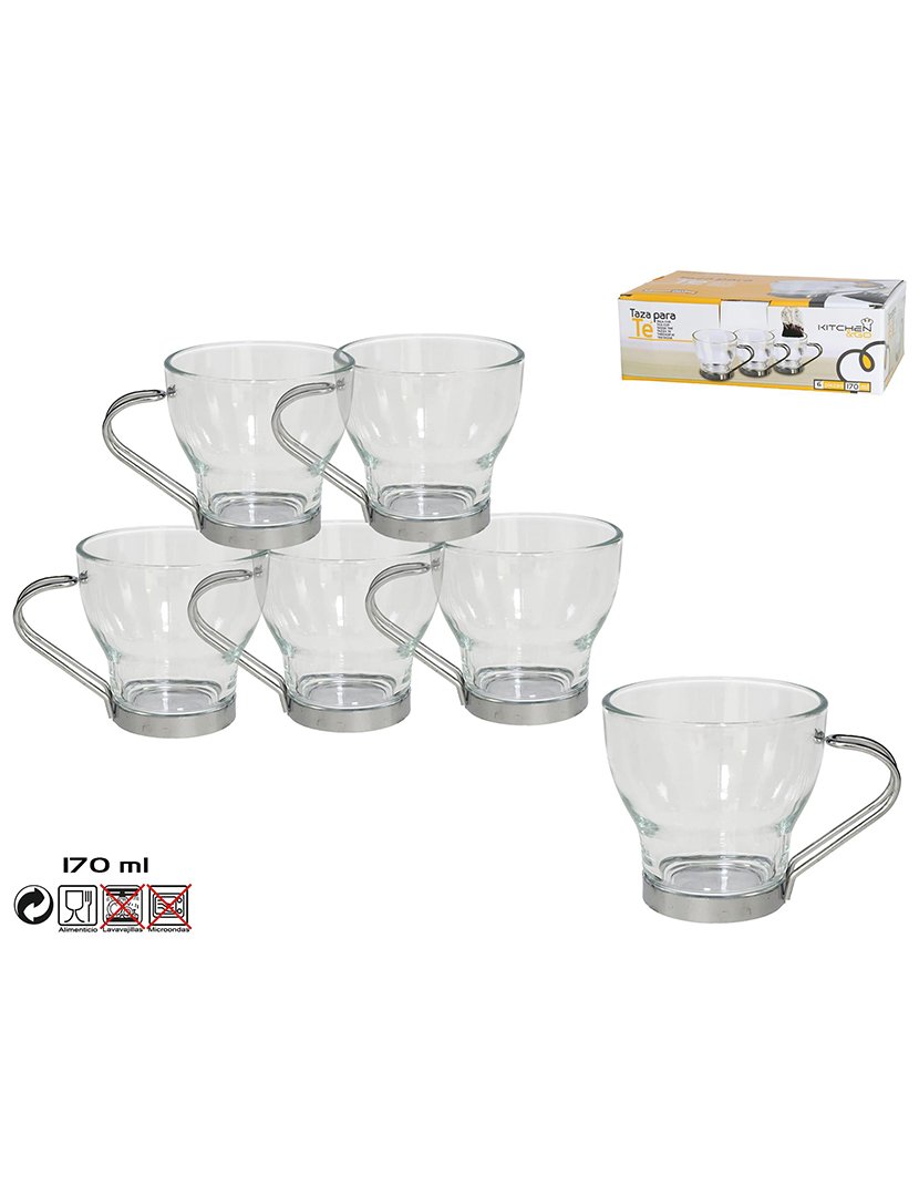 Conjunto de 6 chávenas de chá de vidro com alças de metal. 170ml