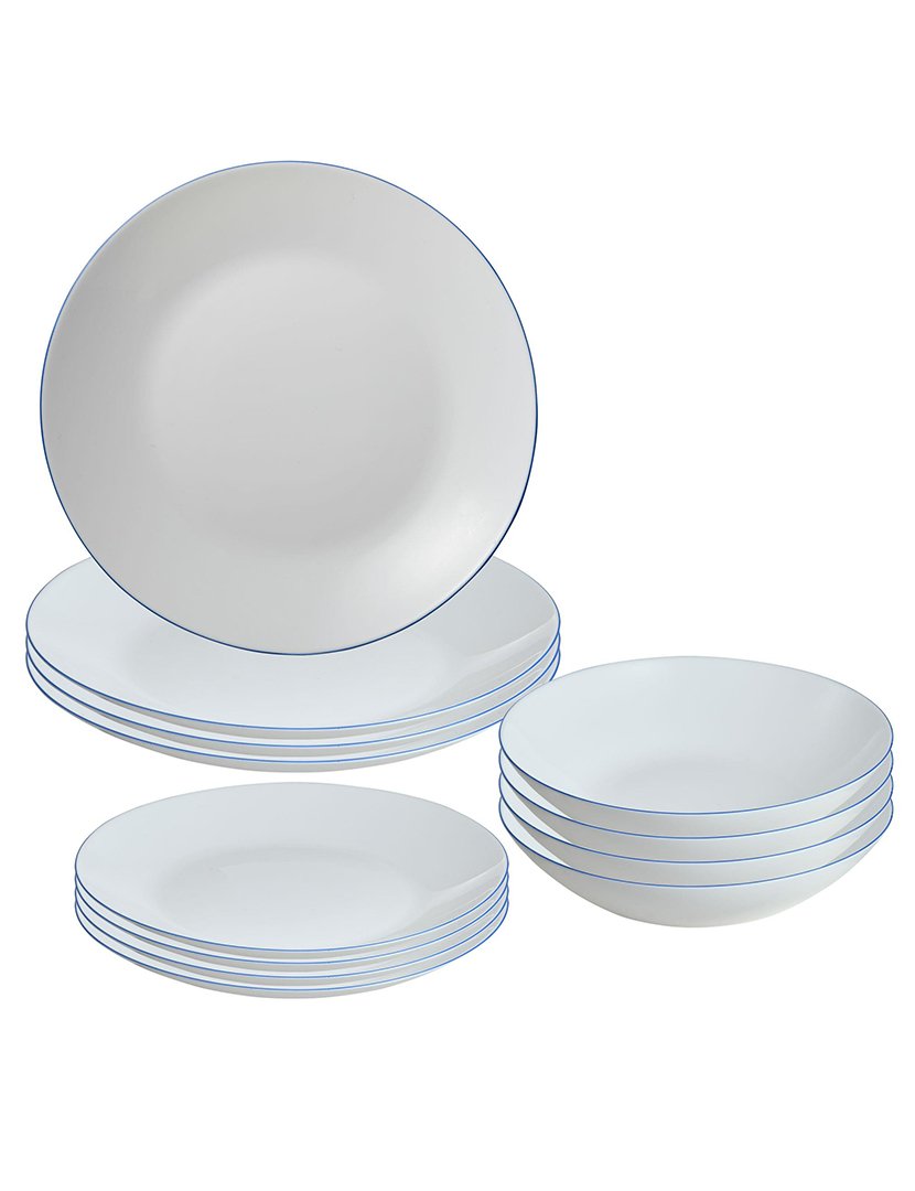 Conjunto de jantar de 12 peças brancas com borda azul