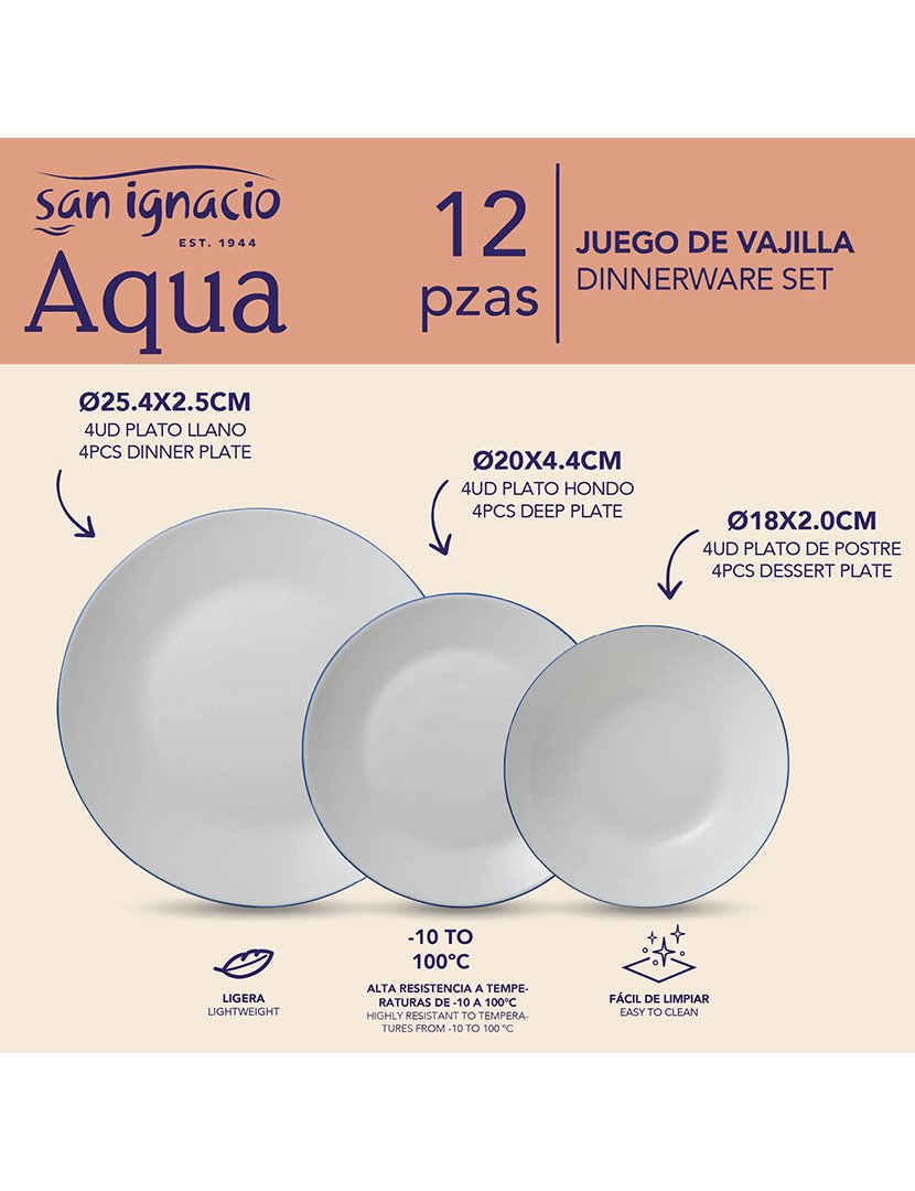 Conjunto de jantar de 12 peças brancas com borda azul