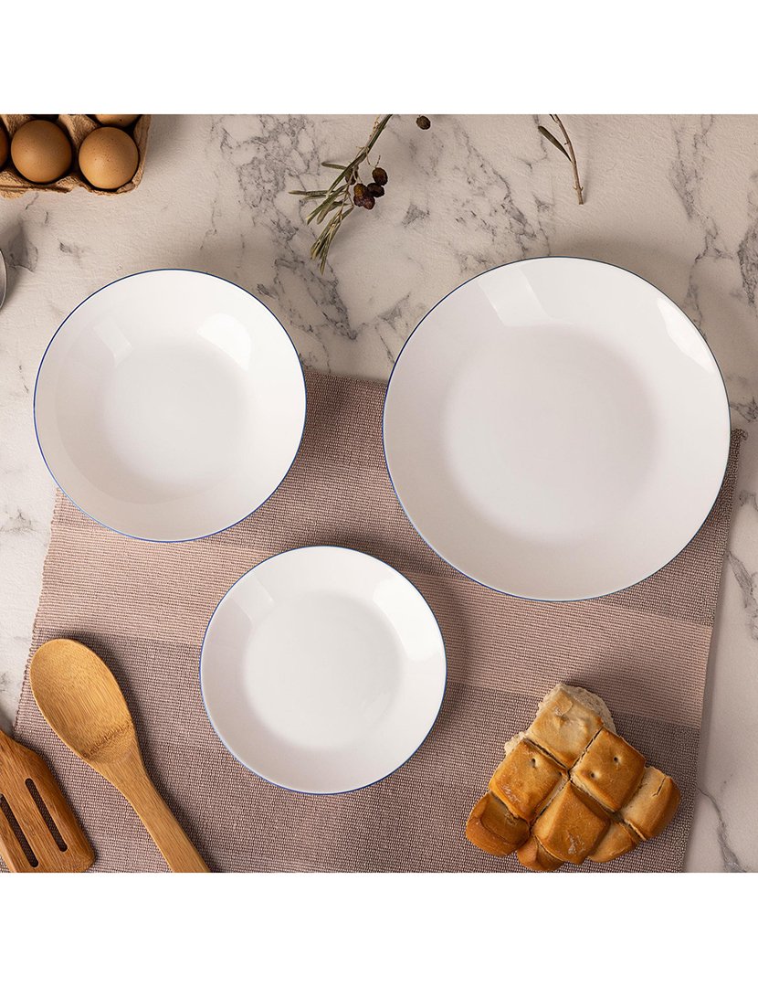 Conjunto de jantar de 12 peças brancas com borda azul
