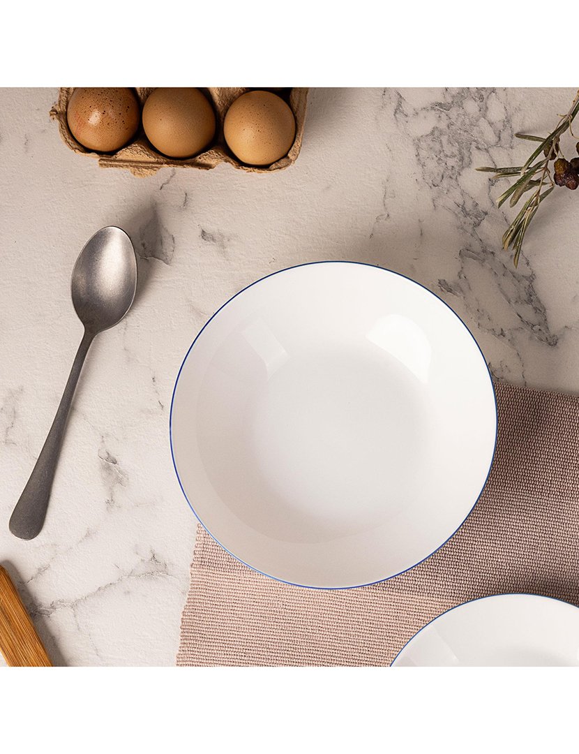 Conjunto de jantar de 12 peças brancas com borda azul