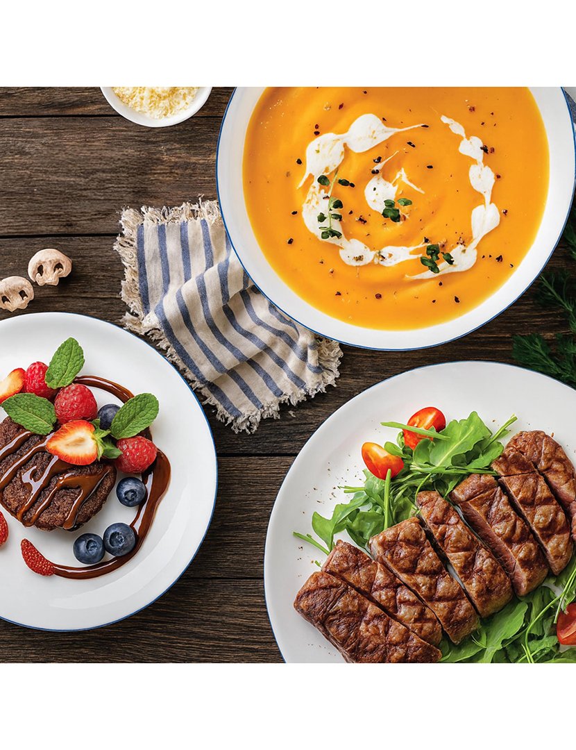 Conjunto de jantar de 12 peças brancas com borda azul