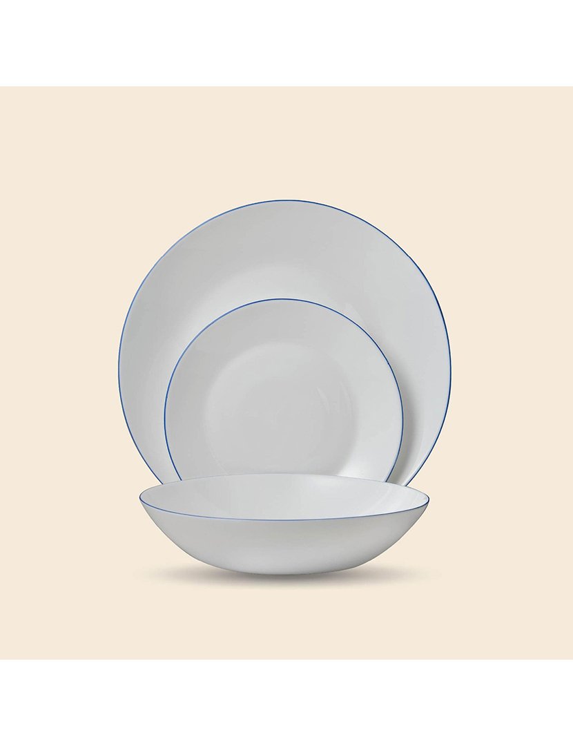 Conjunto de jantar de 12 peças brancas com borda azul