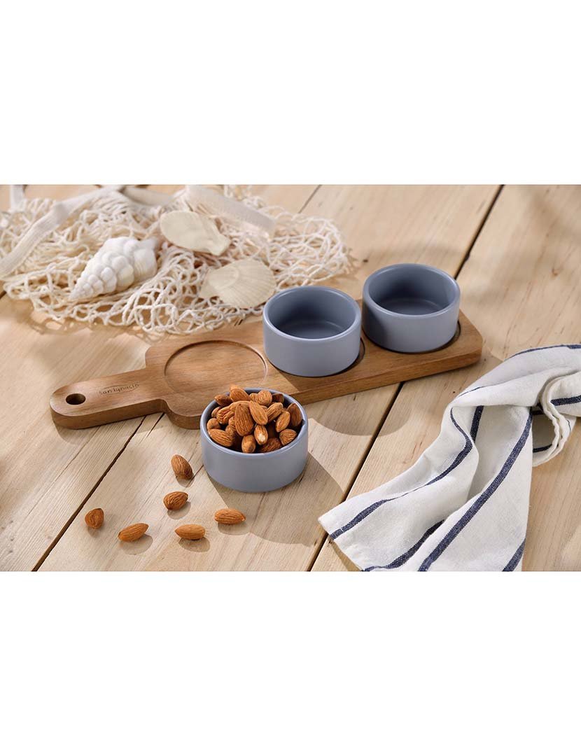 Conjunto de 3 tigelas para molho + 1 bandeja de madeira