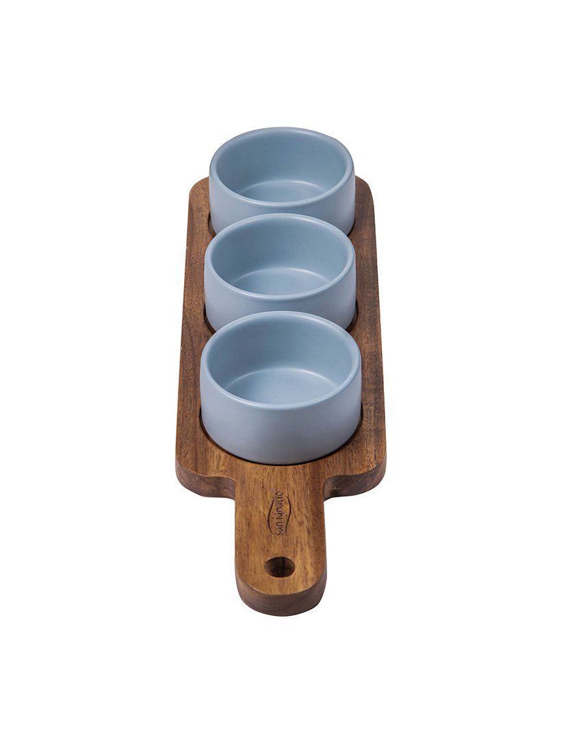 Conjunto de 3 tigelas para molho + 1 bandeja de madeira