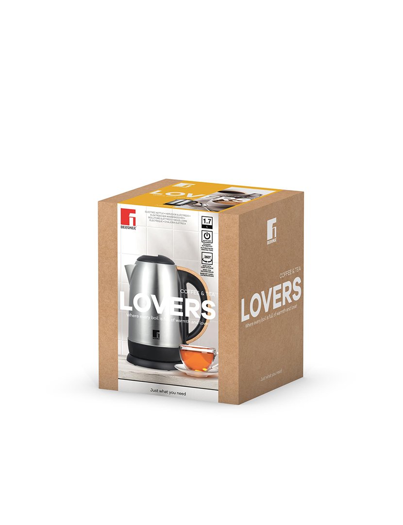 Chaleira elétrica LOVERS de 1.7L e 2200W em aço inoxidável